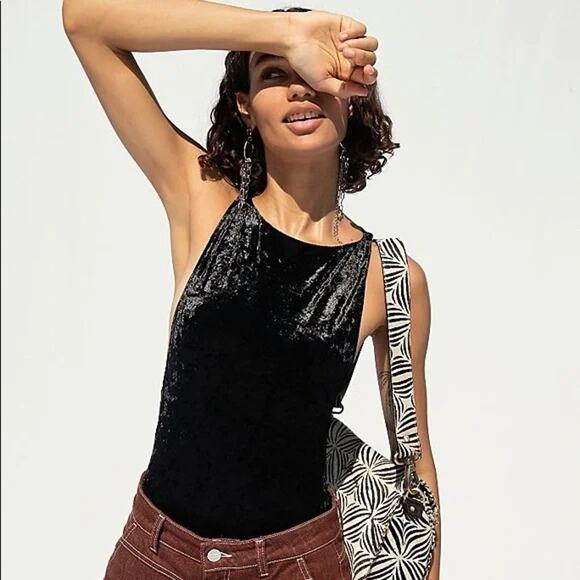 Free People Black Velvet Velour Sleeveless High Neck Tank Thong Bodysuit Top XS - Picture 1 of 5